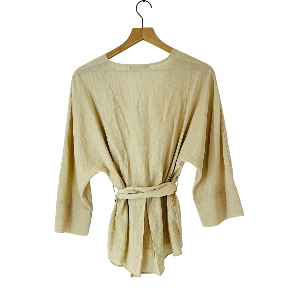 Zara Gauze Drop Shoulder Belted V-Neck Top Small Beige - Picture 2 of 7